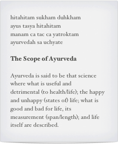 hitahitam sukham duhkham
ayus tasya hitahitam
manam ca tac ca yatroktam
ayurvedah sa uchyate

The Scope of Ayurveda

Ayurveda is said to be that science where what is useful and 
detrimental (to health/life); the happy and unhappy (states of) life; what is
good and bad for life, its
measurement (span/length); and life
itself are described.